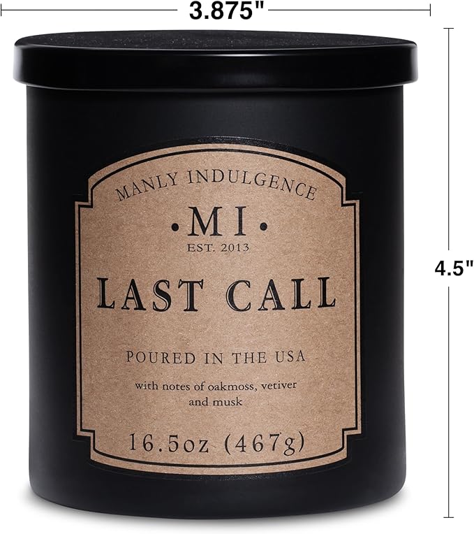Manly Indulgence Last Call Scented Candles for Men, 16.5 oz Single Wick, Premium Soy Blend Wax, 60H Burn, Candles for Home Scented – Made in The USA