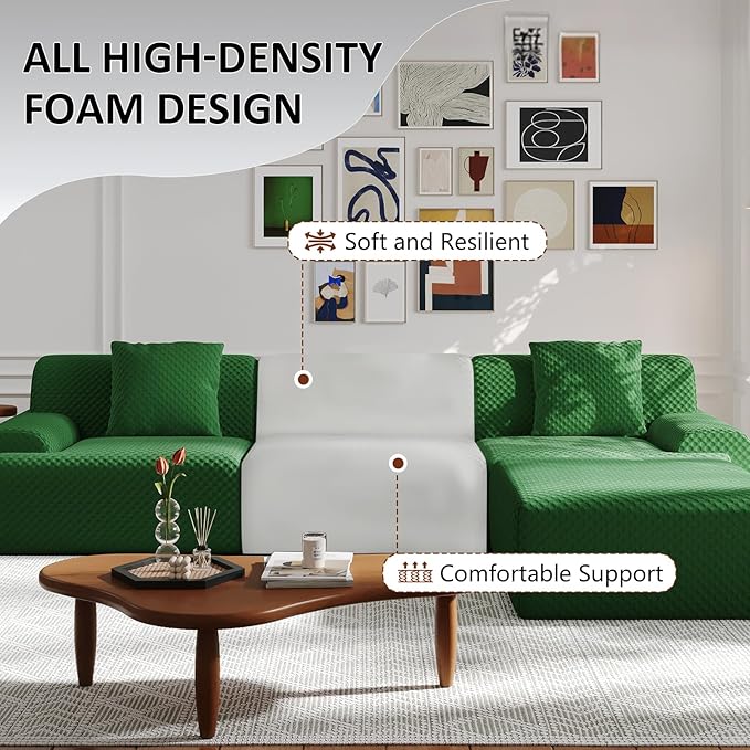 113" Modular Sectional Sofa Upholstered 3-Seater Sofa with Movable Ottoman, Oversized 4-Seater Couch with 3 Throw Pillows High-Density Foam No Assembly Free Combinations