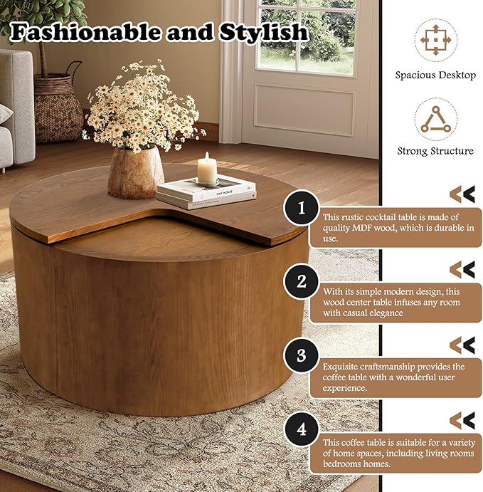 27.16" Round Coffee Table with Storage Modern Wooden Coffee Table Circle Accent Center Table for Living Room Small Space Apartment Office (Circle Brown)