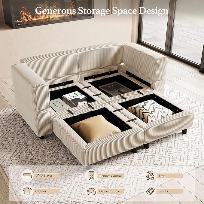 63" Modular Sectional Sofa with Storage Seat,Corduroy Sectional Couch Convertible 4 Seat Modular Sleeper Sofa Couch with Movable Ottoman Chaise,Comfy Sectional Couches for Living Room,Beige