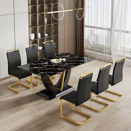 71" Dining Table Set for 6, Black Faux Marble Dining Room Table Set for 6, Large Rectangular Kitchen Table Set and PU Leather Chairs,Tempered Glass Glossy Table with Golden Leg