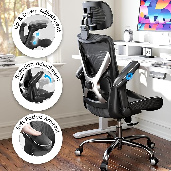 Ergonomic Office Chair-Computer X-Shaped Chair Mesh PU Leather with Adjustable Lumbar Support-Executive Desk Chair High Back with Headrest Flip-Up Arms for Long Hours (Black-Silver)
