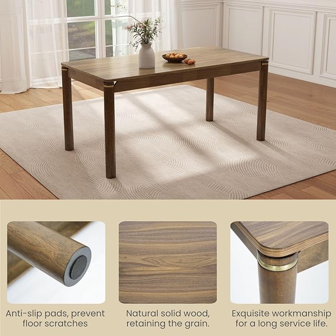 63" Dining Table for 4-6 People, Modern Farmhouse Rectangular Kitchen Table with Solid Wood Legs & Gold Trim, Large Long Dining Room Table for Living Room, Walnut