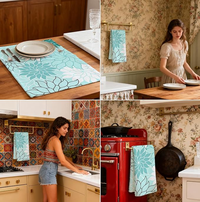 2-Pack Boho Floral Abstract Waffle Towels, Flower Hand Towel for Bathroom Decor, 16x24 Inch Neutral Azure & Blue Flower Dish Tea Towel Decor for Kitchen/Bath/SPA,Gift for Friends.