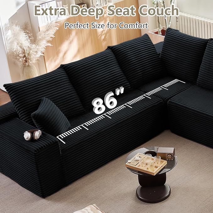 Sectional Cloud Couch with L-Shape Chaise, Modern Modular Comfy Sofa with Deep Seat, Upholstered Corduroy Couches Stupendous U Shaped Sofas for Living Room Bedroom, No Assembly Required, Black