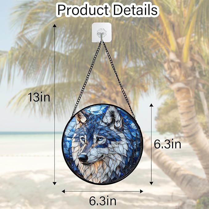 Stained Glass Window Hanging - Funny Wolf Suncatcher Ready to Hang Window Doors Home Decoration and Christmas, Mother's Day Birthday Gifts for Women, Men, and Mom 6.3x6.3 in