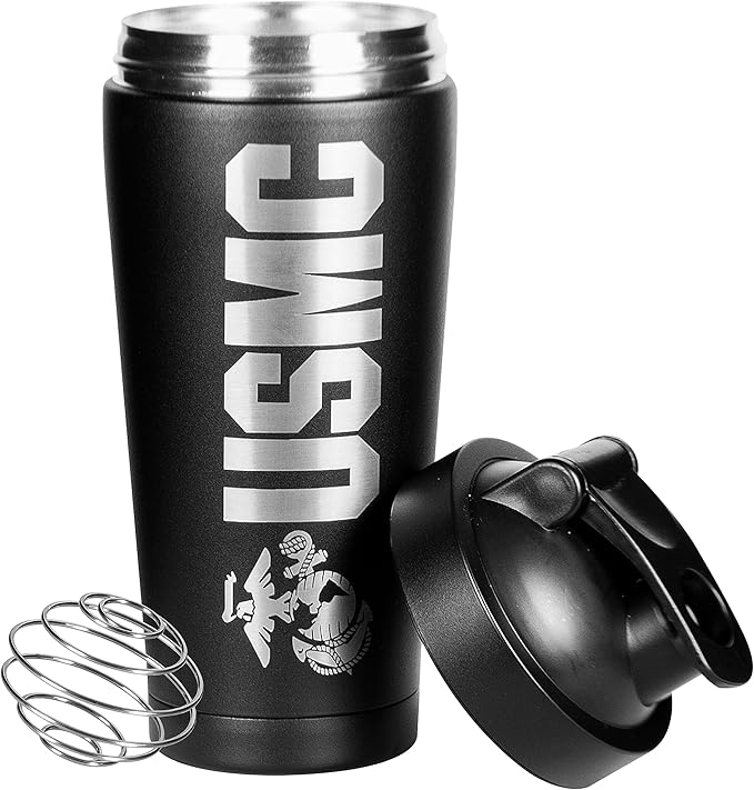 Military Gift Shop 24 oz Insulated USMC Shaker Bottle with Marine Corps Logo–24oz Water Bottle–Cup for Protein Shakes USMC Gifts | USMC Shaker Cup