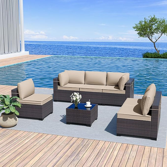 Kurapika 7 Pieces Patio Furniture Set, Rattan Wicker Outdoor Conversation Sets w/4 Inch Cushion and Glass Coffee Table(Sand)
