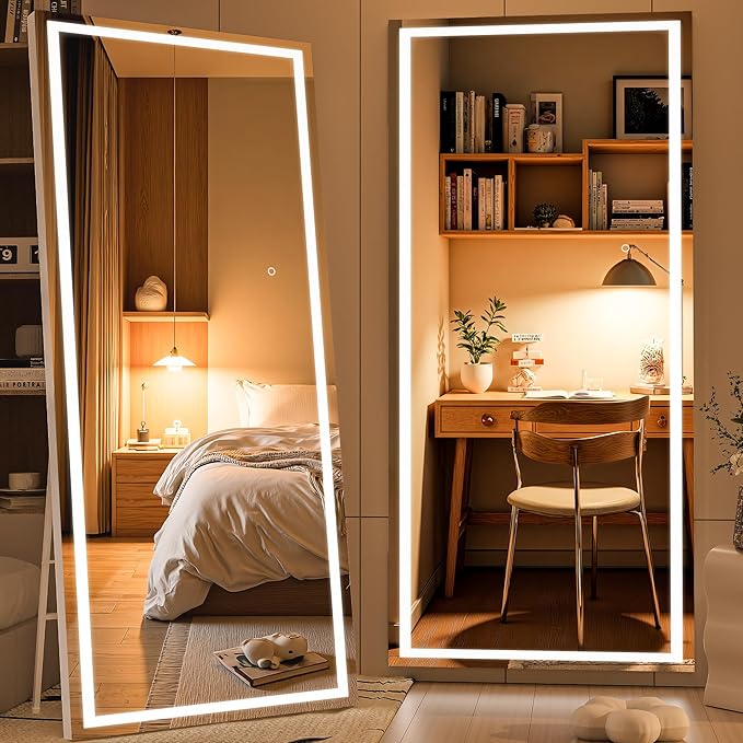 Full Length Mirror with Lights, 71" x 32" LED Lighted Floor Standing Mirror, Tempered Glass, Square White