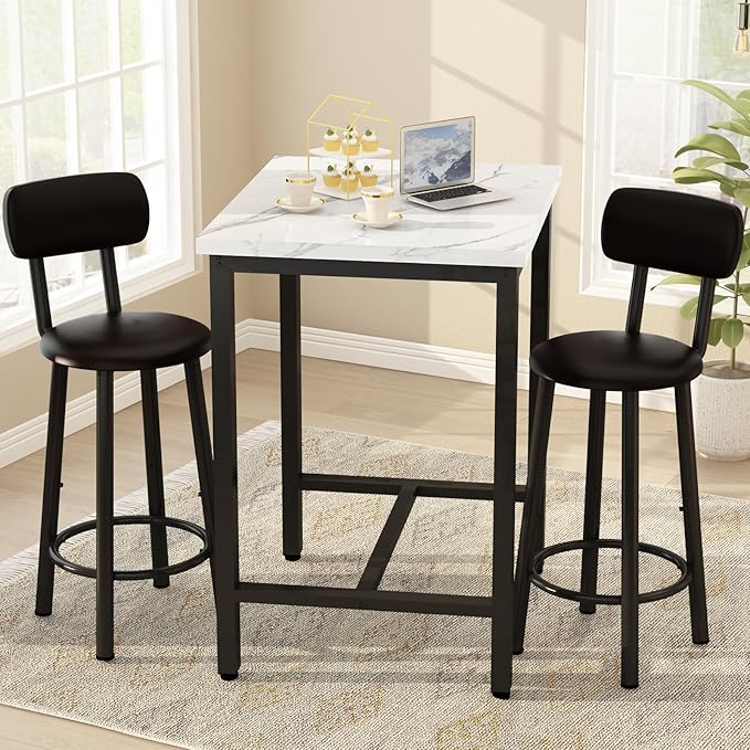 DKLGG Dining Table Set for 2, 24" Square Kitchen Table and Chairs Set with MDF Tabletop & 2 PU Leather Chairs, Bar Pub Dining Set for Small Space Bar Kitchen Living Room Apartment, White