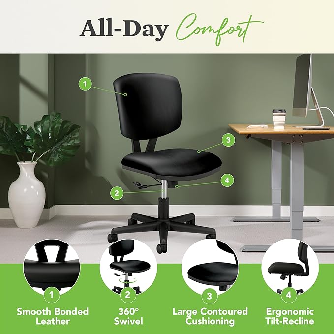 HON Volt Armless Chair, Ergonomic Adjustable Center-Tilt Recline, Leather Back and Seat, Swivel Desk Chairs Ergonomic, Black