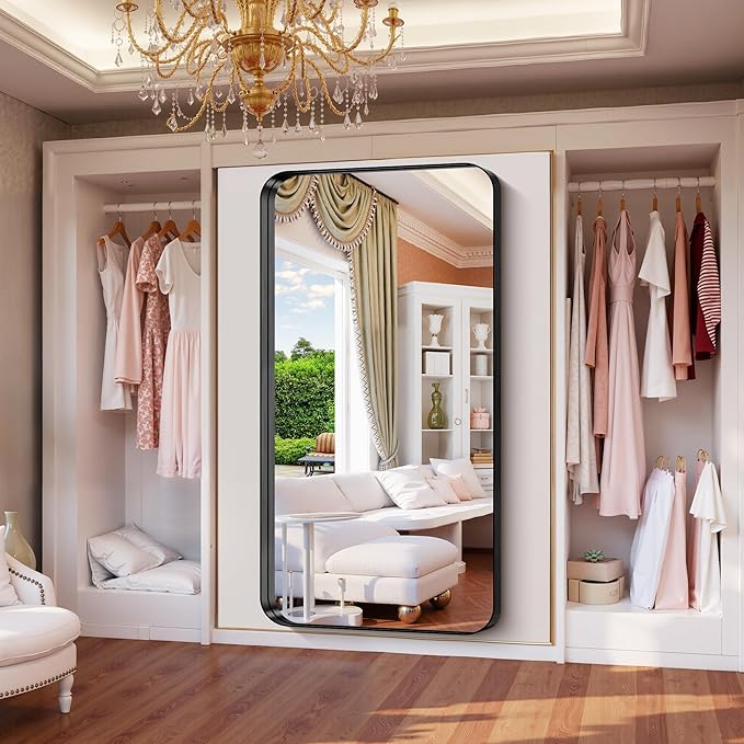 FORBATH 72x36 Inch Oversized Bathroom Mirror for Double Sinks, Brushed Black Deep Frame Full Length Wall Mirror with Rounded Corners, Anti-Rust Tempered Glass (Horizontal/Vertical)