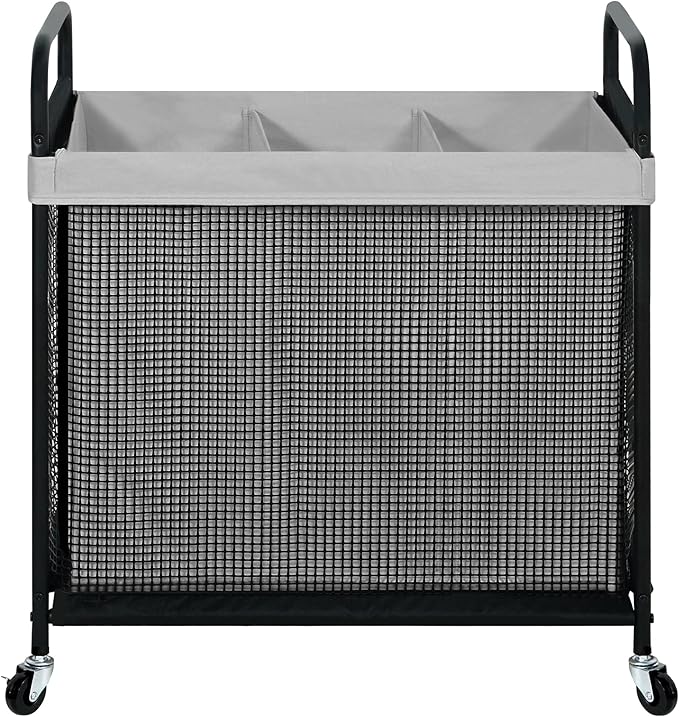 STO STO Laundry Hamper 3 Section, 120L Rolling Laundry Sorter Cart with Removable and Washable Liner Bag, Rolling Clothes Hamper with Metal Handle for Laundry Room and Bedroom, Gray
