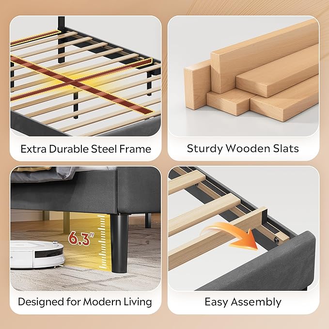 WLIVE Queen Size Upholstered Bed Frame, Velvet Square Tufted Headboard, Sturdy Metal & Wooden Slats Support, No Box Spring Needed, Light Grey