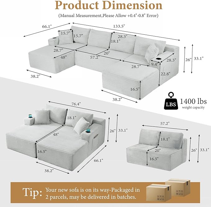 133" Couches for Living Room Deep-Seat Sectional Couch for Living Room Corduroy Boneless Couchs U-Shape Cloud Couch Flexible Modular Sectional Sofa with Chaise Lounge (Light Gray, with Cup Holder)