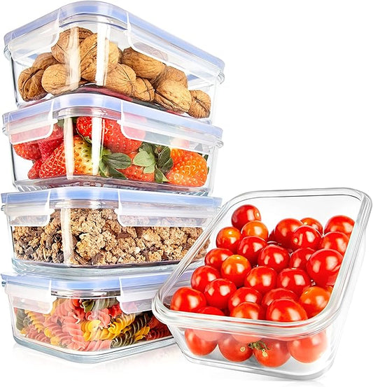 NutriChef 10-Piece Superior Glass Food Storage Containers Set (5 Containers + 5 Locking Lids),Stackable Meal-prep Design, BPA-free Airtight Clear Locking lids with Vent Lids & Air Hole, Blue