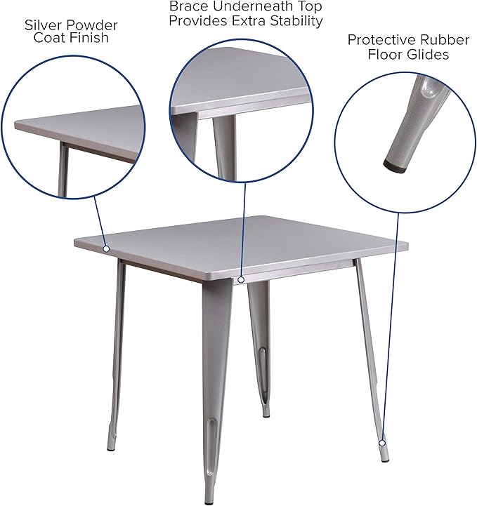 EMMA + OLIVER Commercial Grade 31.5" Square Silver Metal Indoor-Outdoor Table