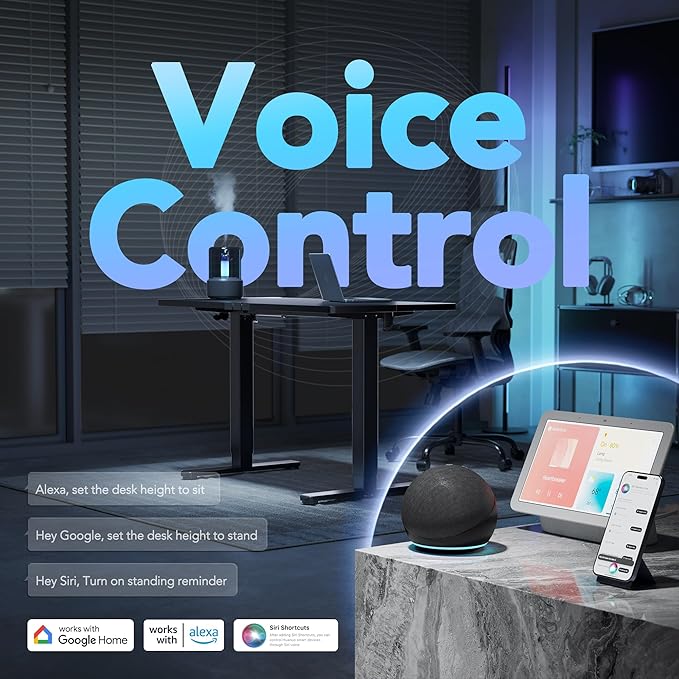 HUANUO AI-Powered Electric Standing Desk with Smart APP, Compatible with Alexa & Google, Adjustable Height, 6 Memory Settings, Sedentary Reminder, Ergonomic Sit-Stand Desk, 55-inch, Black