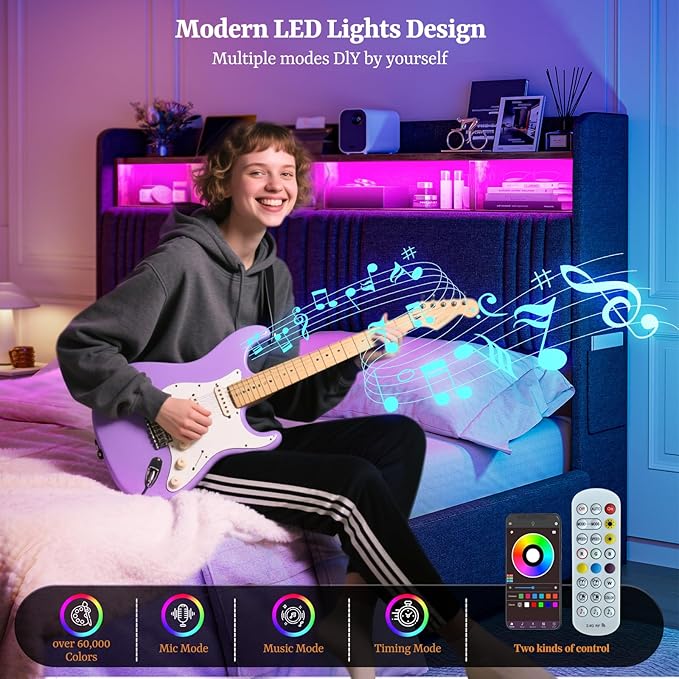 IKIFLY California King Bed Frames with Hidden Storage Headboard & 4 Drawers, 49.2” Tall Upholstered Wingback Headboard with LED Lights and Charging Station, No Box Spring Needed, Noise Free, Black