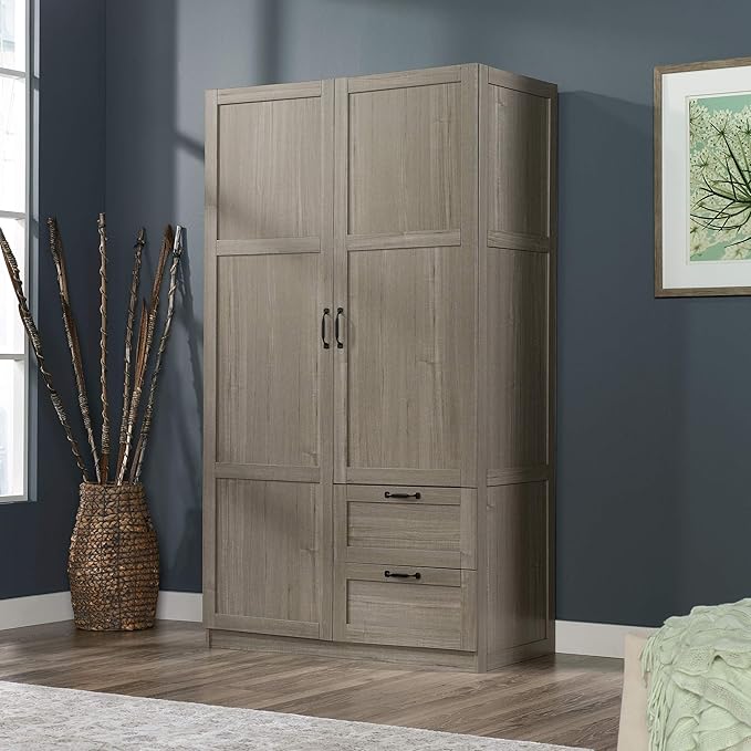 Sauder Select Multipurpose Bedroom Armoire Wardrobe Closet Pantry Storage Cabinet with Storage Drawers and Hanging Rail, in Silver Sycamore