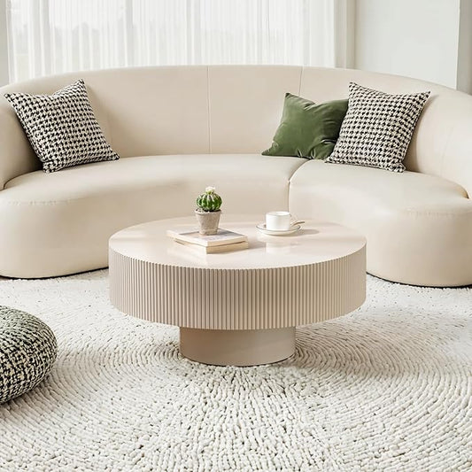 Modern Wood Coffee Table for Living Room - Handcraft Drum Coffee Tables with Sturdy Base, Small Round Fluted Coffee Table Tea Table for Apartment, Bedroom, Office - Easy Assemble (White 31")