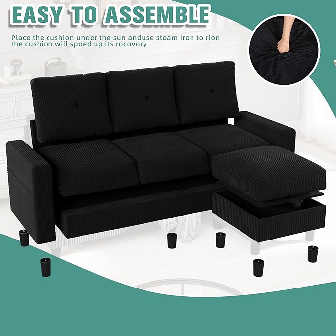 SUNLEI Convertible Sectional Couch Sofa for Small Spaces, L Shaped Modular Sofa with Removable Ottoman Storage, 3 Seat Modern Small Couches for Living Room in Apartment, Black