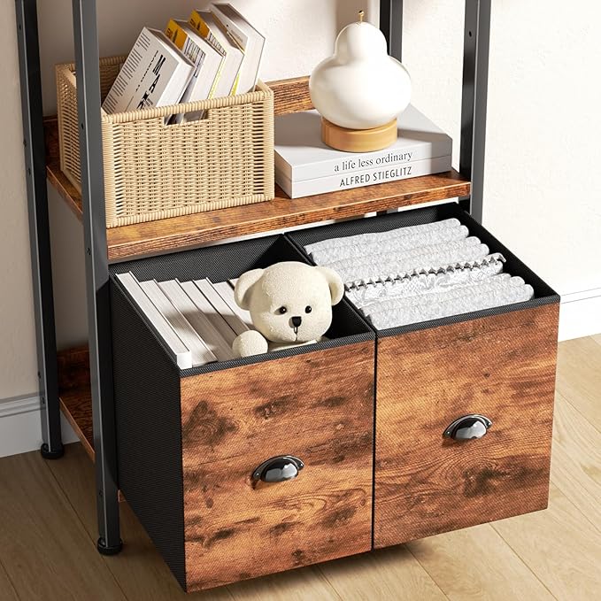 Furologee 5-Tier Bookshelf, Tall Bookcase with 2 Storage Drawers, Adjustable Industrial Display Standing Shelf Units, Wood and Metal Storage Rack for Living Room, Bedroom, Home Office Rustic Brown