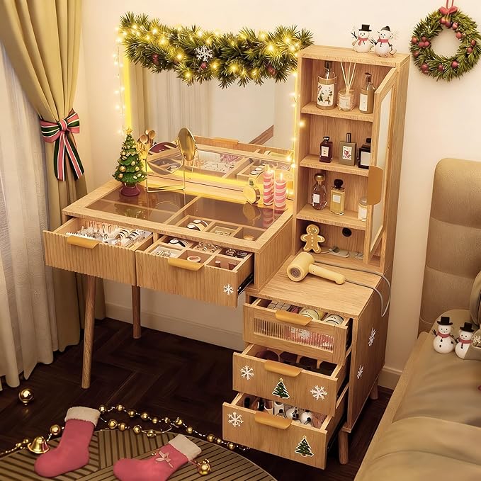 Fluted Makeup Vanity Desk with Mirror and Lights, 5 Drawers Glass Top Makeup Vanity with 4 Storage and 9-Grid Organizer, 3 Color Ribbed Glass Dressing Table with Charging Station, Light Oak