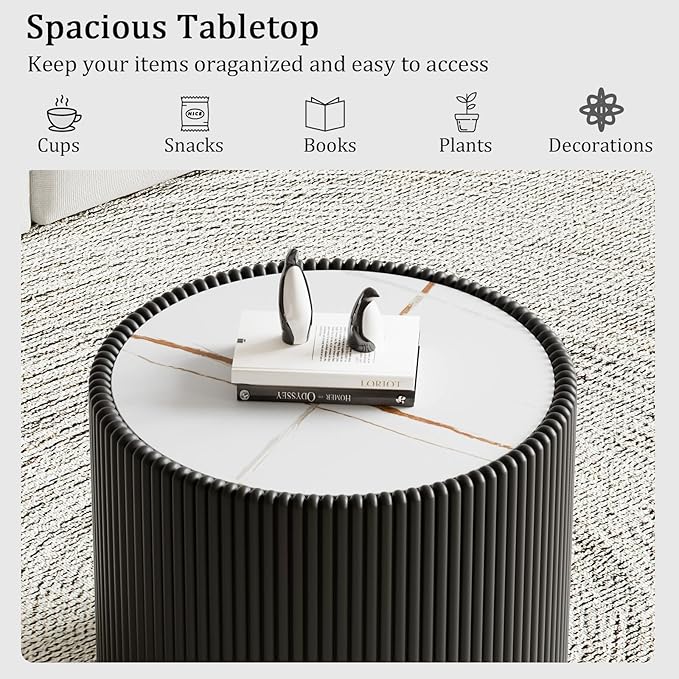 Black Round Coffee Table with Sintered Stone Tabletop, 17.71" Drum Coffee Table with Fluted PU Leather Covered and Stable Base, Circle Cocktail Tea Table for Living Room