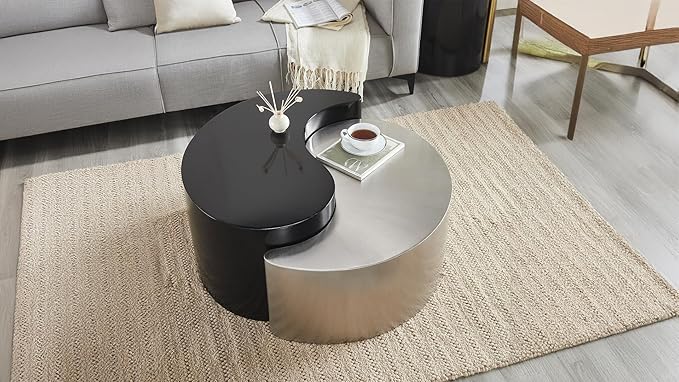 Modern Contemporary Luxury Ying-Yang 36" Coffee Table Set, Sculptural Design with Aluminum Frame for Living Room, Entryway, Home & Office, Black & Silver Dual Tone Coffee Table