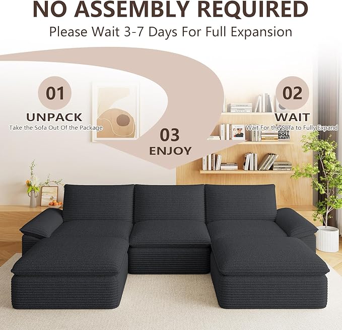 113.03" Sectional Couches for Living Room Modern Modular Sofa with U-Shape Couchs Upholstered Corduroy Boneless Couch Deep Seat Cloud Couch with Ottoman, No Assembly Required, Black