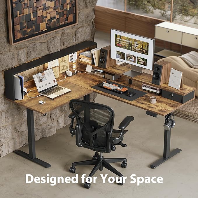Agilestic L-Shaped Electric Standing Desk, 63x55 Inch Ergonomic Adjustable Height Desk with Storage, Stand Up Corner Desk Sit Stand Computer Table Power Outlet & LED Lights, Office Table, Rustic Brown