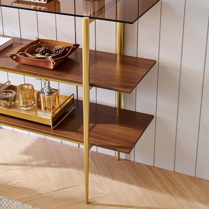 Glass Console Table for Living Room, Foyer & Entryway, L41 x W14 x H31 Inch, 3-Tier Mid-Century Modern Sofa Table with Amber Glass Top, Walnut Finish Wood Shelf and Gold Finish Frame
