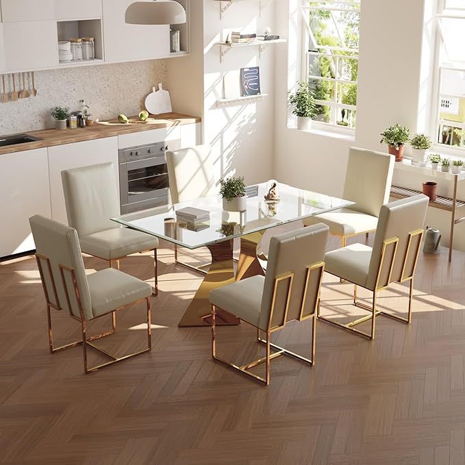 AUZ Dining Chairs Set of 6, White Faux Leather Dining Room Chairs with Gold Stainless Steel Sled Legs