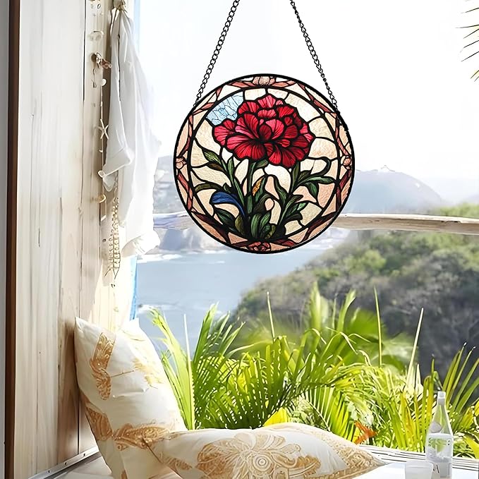 Stained Glass Window Hanging - Red Carnation Birth Flower Sun Catcher for Door Garden Home Decor Suncatcher Christmas Mother's Day Birthday Gifts for Women Men Mom Nana Friend Wife 11.8 in