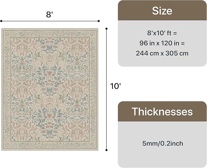 GENIMO 8x10 Washable Area Rug, Non-Slip Vintage Boho Floral Carpet, Soft Low-Pile Thin Living Room Rug for Bedroom, Dining Room, Nursery, Beige Pink