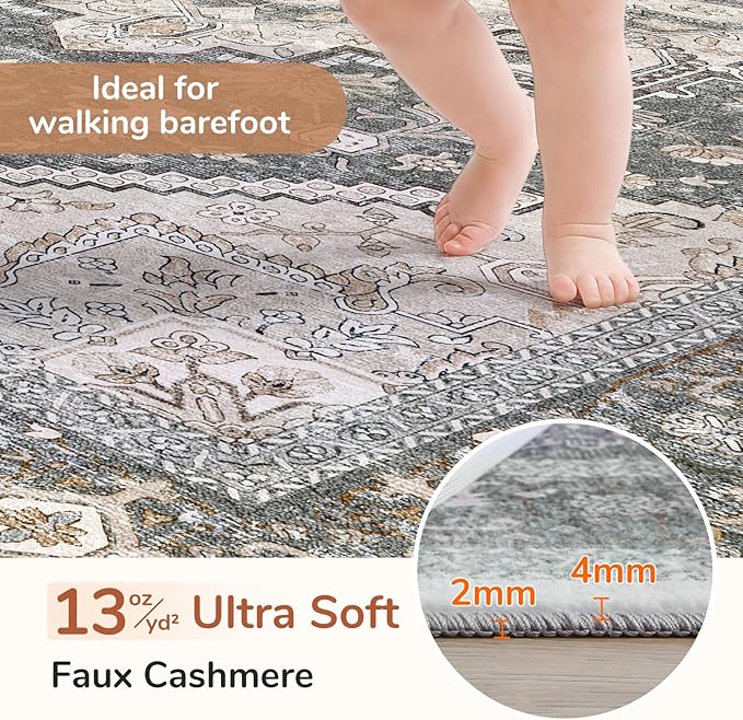 OPPODREAM Thin 8x10 Area Rugs, Washable Rugs 8x10 with Non Slip Backing, Faux Cashmere Low-Pile 8 x 10 Carpet, Greenish Grey