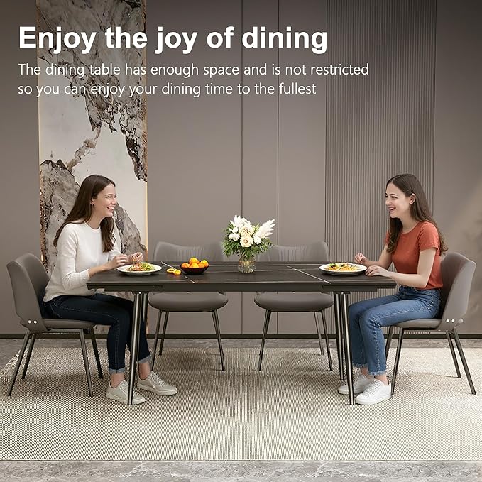 Expandable Rectangular Dining Table (62.9" to 94.4") – Modern Black Sintered Stone Top, Adjustable Table for 6 to 10 People for Dining Room Family Gathering