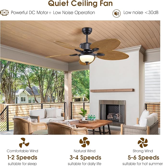 50 Inch Tropical Ceiling Fans with Lights and Remote/APP Control, Outdoor Waterproof Palm Leaf Ceiling Fan for Patios Porches, Wet Rated, Glass Lampshade, 6 Speeds, Quiet, Wood Grain