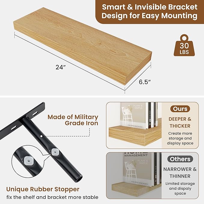 fuqing Floating Shelves for Wall, Wall Mounted Wood Floating Shelf with Invisible Brackets for Living Room, Bathroom, Bedroom, Kitchen Storage and Decor, 24 Inch Set of 2, Oak