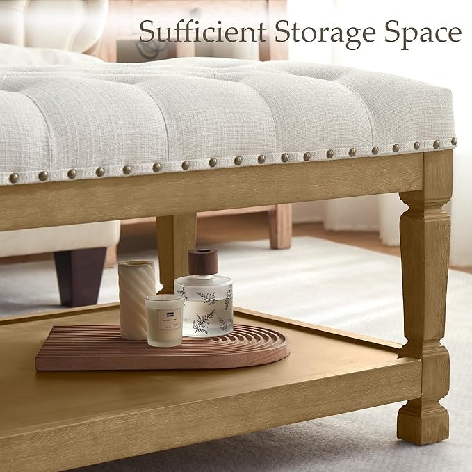 48" Coffee Tables for Living Room, Oversized Storage Ottoman Coffee Table, Fabric Tufted Ottomans, Upholstered Storage Ottoman Bench for Bedroom, Entryway (Beige)