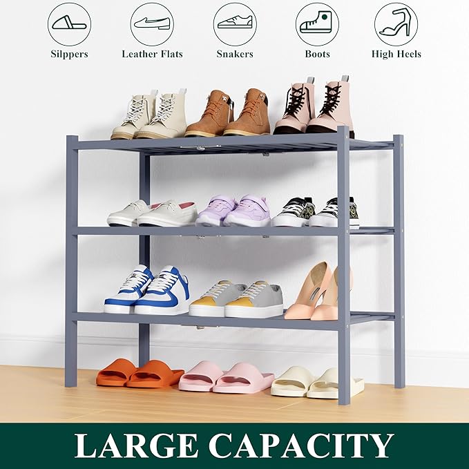 Smiry Shoe Rack, 3 Tier Thick Bamboo Shoe Organizer, Stackable Free Standing Wooden Shoe Storage Shelf for Closet, Entryway, Front Door Entrance, Grey