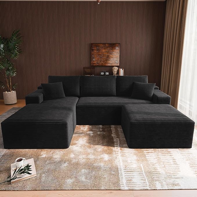 3-Piece Boneless Modular Sectional Sofa, Cloud Couch, Left Facing Chaise with Ottoman, Oversized Deep Seat, Soft Corduroy Fabric, Sectional Couch for Living Room-Black
