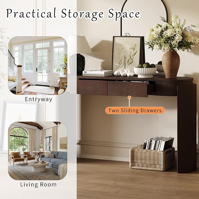 55.1" Entryway Narrow Console Table with Drawers, Oval Top & Fluted Legs, Natural Wood Grain Sofa Table for Hallway, Foyer, Behind Couch, Accent Table for Living Room, Solid Wood + MDF (Espresso)