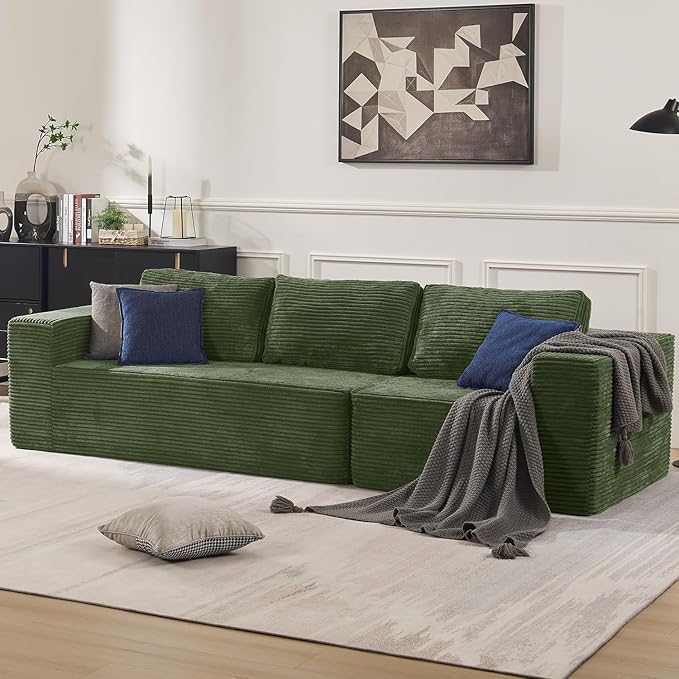 67" Loveseat Sofa, Cloud Modular Couch, Upholstered Floor Sofa with Deep Seat, Upholstered Foam Sofa for Bedroom Living Room, No Assembly Required (Green, Plush Corduroy Fabric)