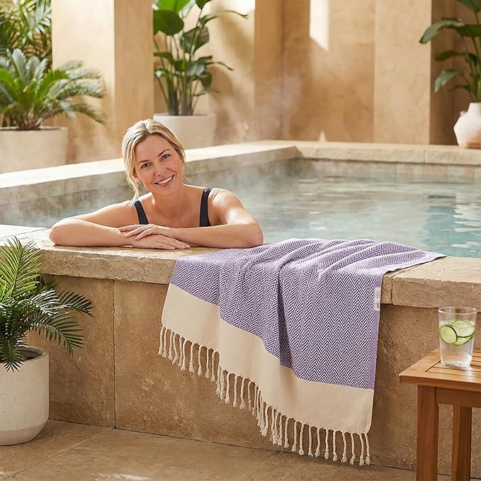 Bazaar Anatolia Turkish Beach Towel 100% Cotton Bath Towels 71x39 Quick Dry Sand Free Lightweight Large Oversized Herringbone Purple