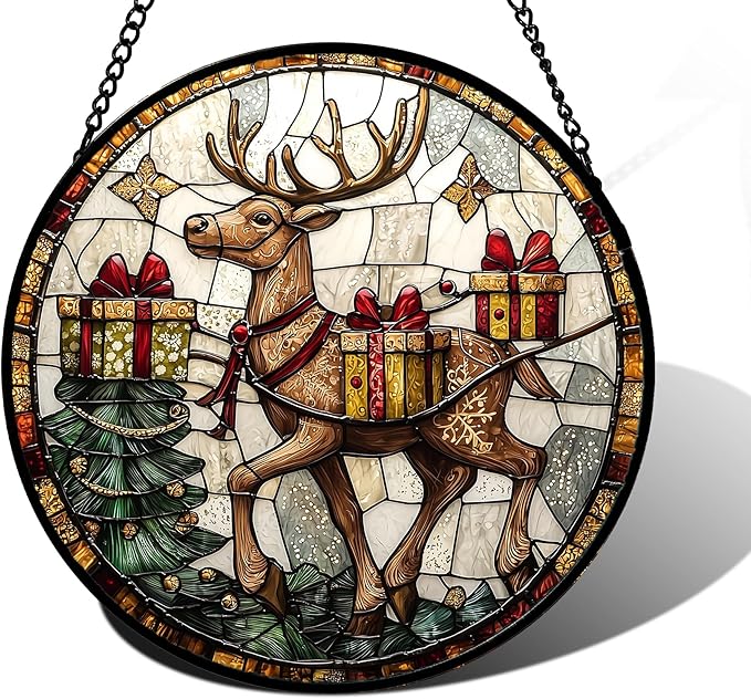 Stained Glass Window Hanging, Christmas Tree Elk Sun Catchers Colorful Glass Panel Retro Suncatcher Decor for Birthday for Women, Men, Wife, Aunt, and Mom 7.8 in
