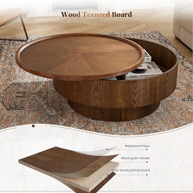 Round Wood Coffee Table with Storage, 30.7" Modern Circle Coffee Table with Removable Lid, Rustic Drum Center Table Handcraft Accent Table for Living Room Small Space Apartment Office (Brown)
