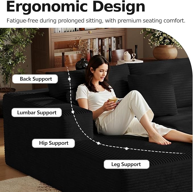 108'' Modular Sectional L-Shaped with Chair,Deep Seat Boneless Corner Couch for Living Room,Plush Corduroy Couch with Detachable Sofa Set,No Assembly(Left Facing Chaise，Black)