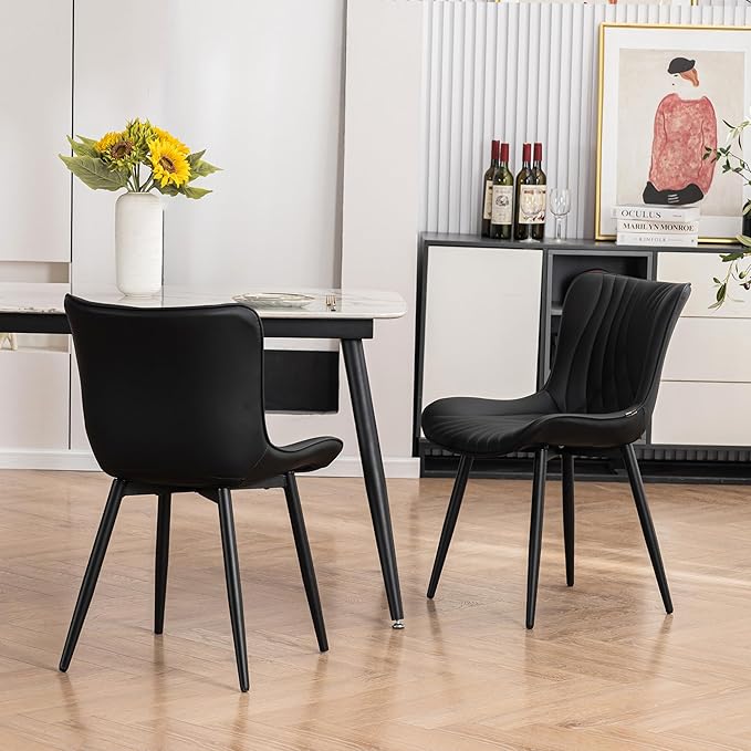 Kidol & Shellder Black Dining Chairs Set of 2,Faux Leather Upholstered Mid Century Modern Kitchen&Dining Room Chair with Back,Ergonomic Armless Vanity&Living Room Chair with Metal Legs
